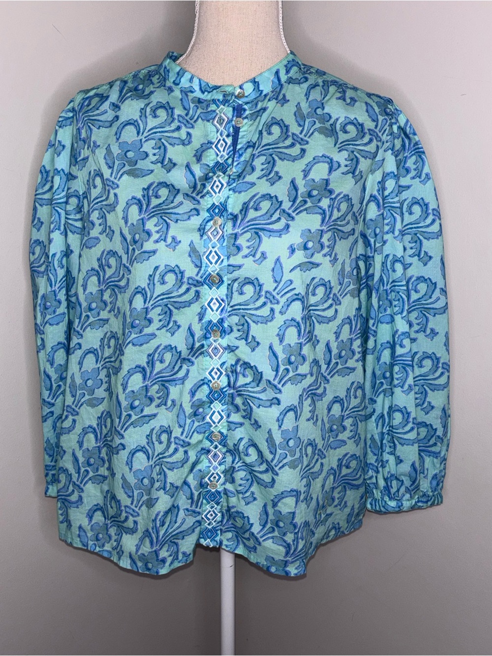 Sundance aqua blue embroidered puff shoulder button front cotton blouse Medium
